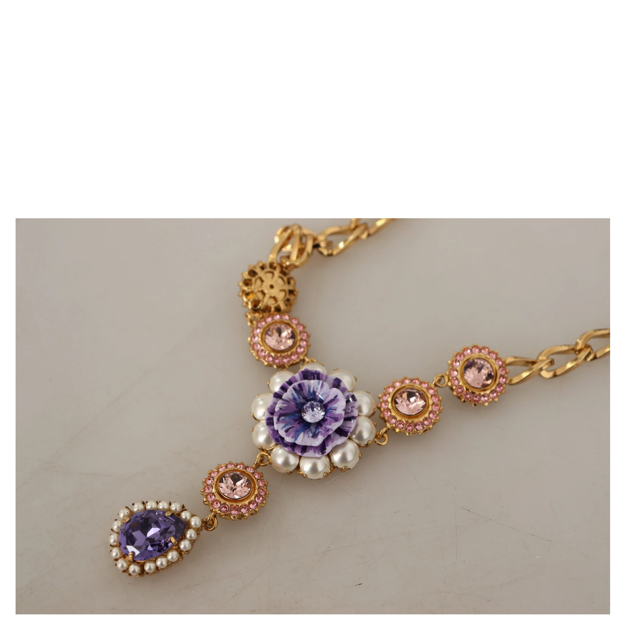 Gold Brass Crystal Purple Pink Pearl Pendants Necklace