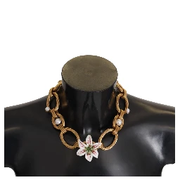 Gold White Lily Floral Chain Statement Necklace