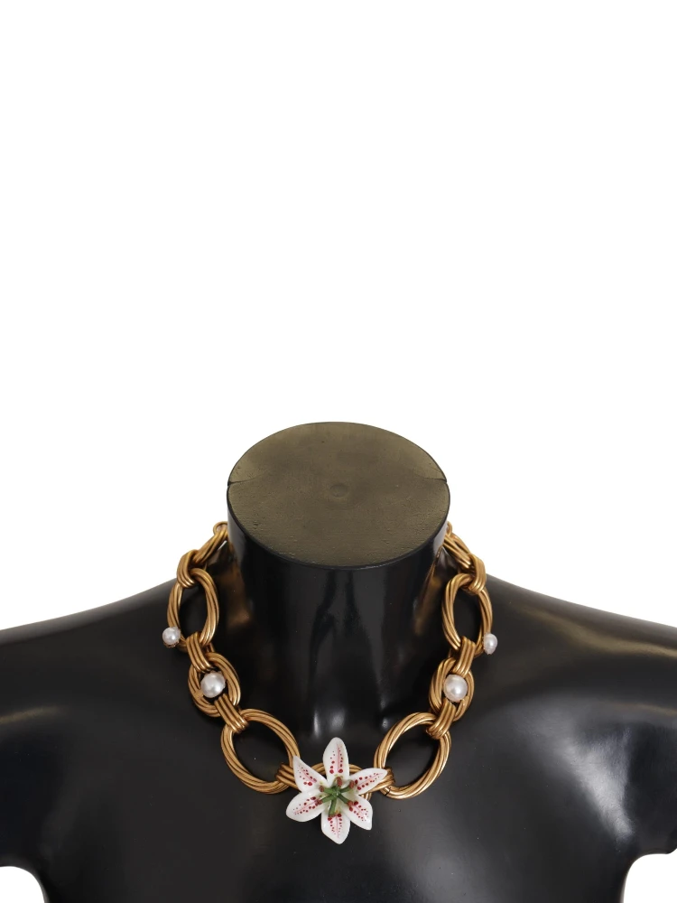 Gold White Lily Floral Chain Statement Necklace