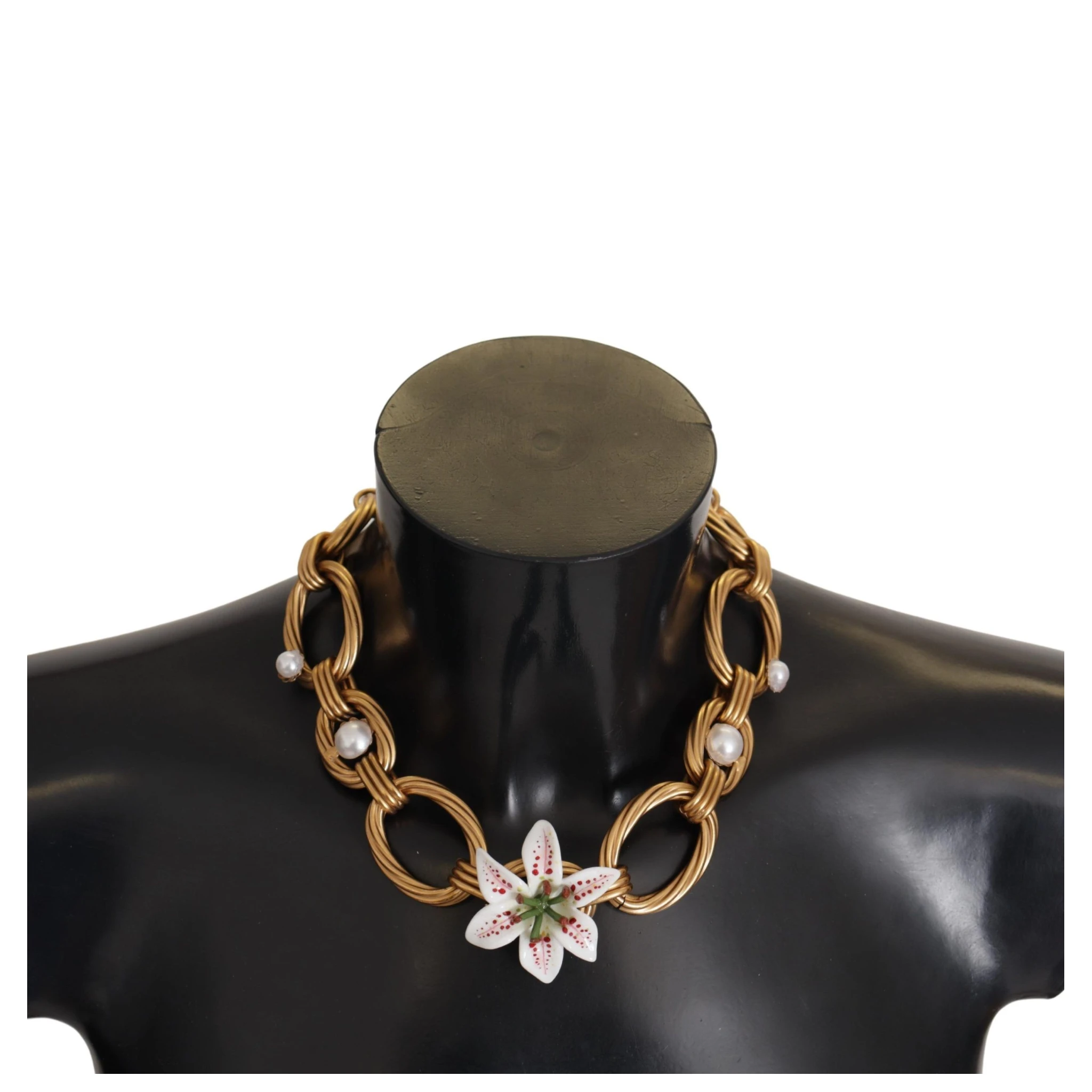 Gold White Lily Floral Chain Statement Necklace