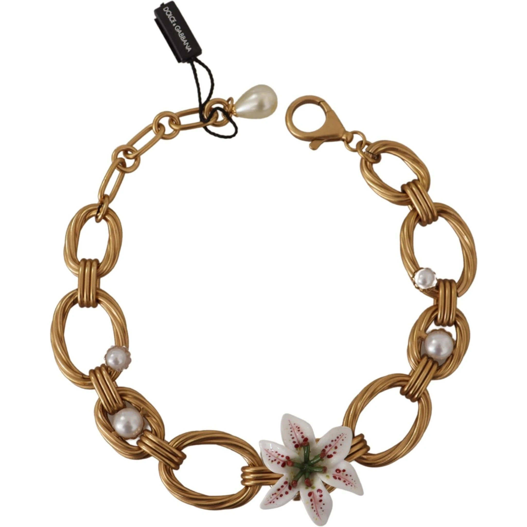 Gold White Lily Floral Chain Statement Necklace