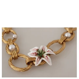 Gold White Lily Floral Chain Statement Necklace