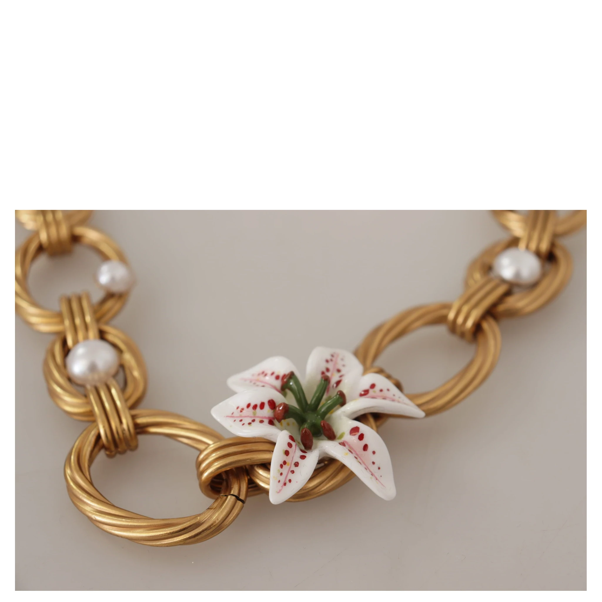 Gold White Lily Floral Chain Statement Necklace