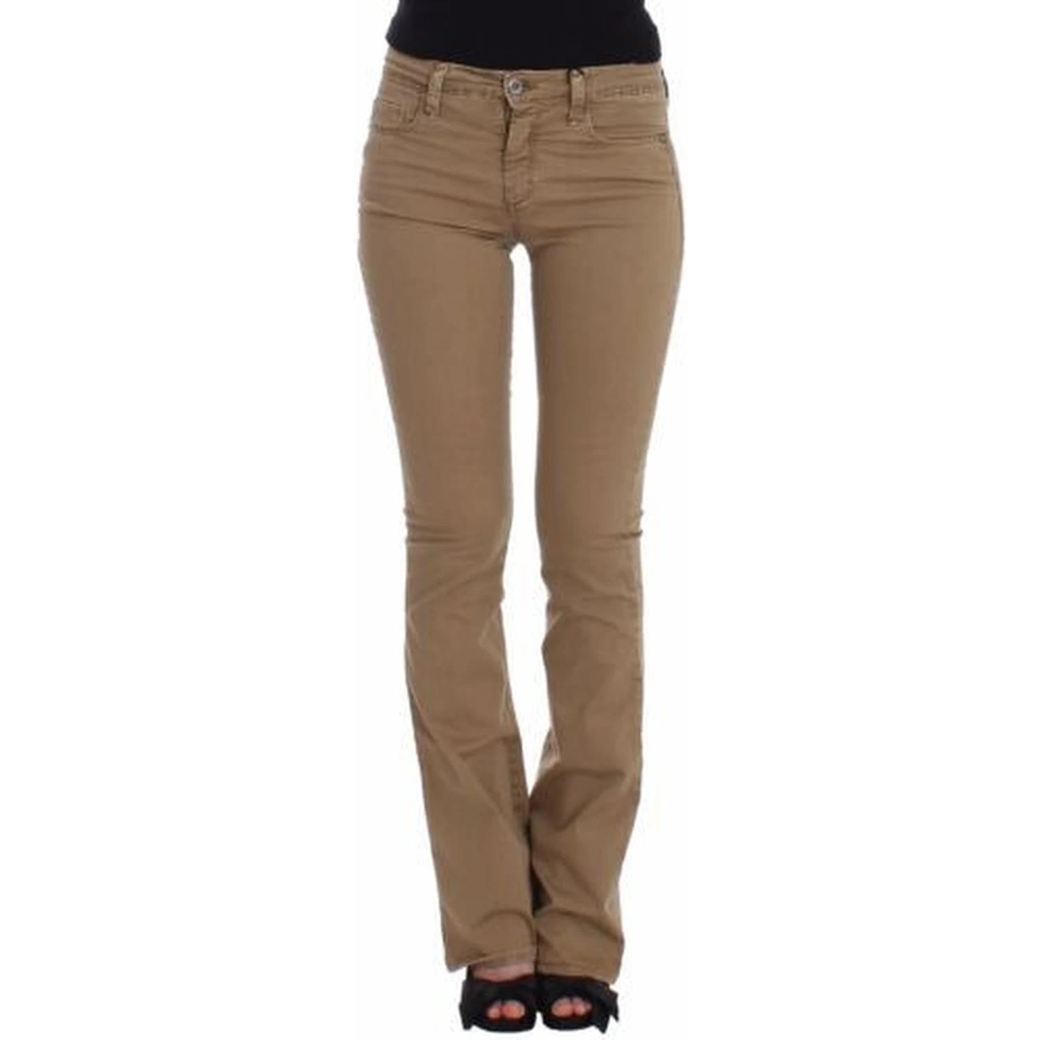 Beige Straight Leg Denim Pants Stretch Jeans