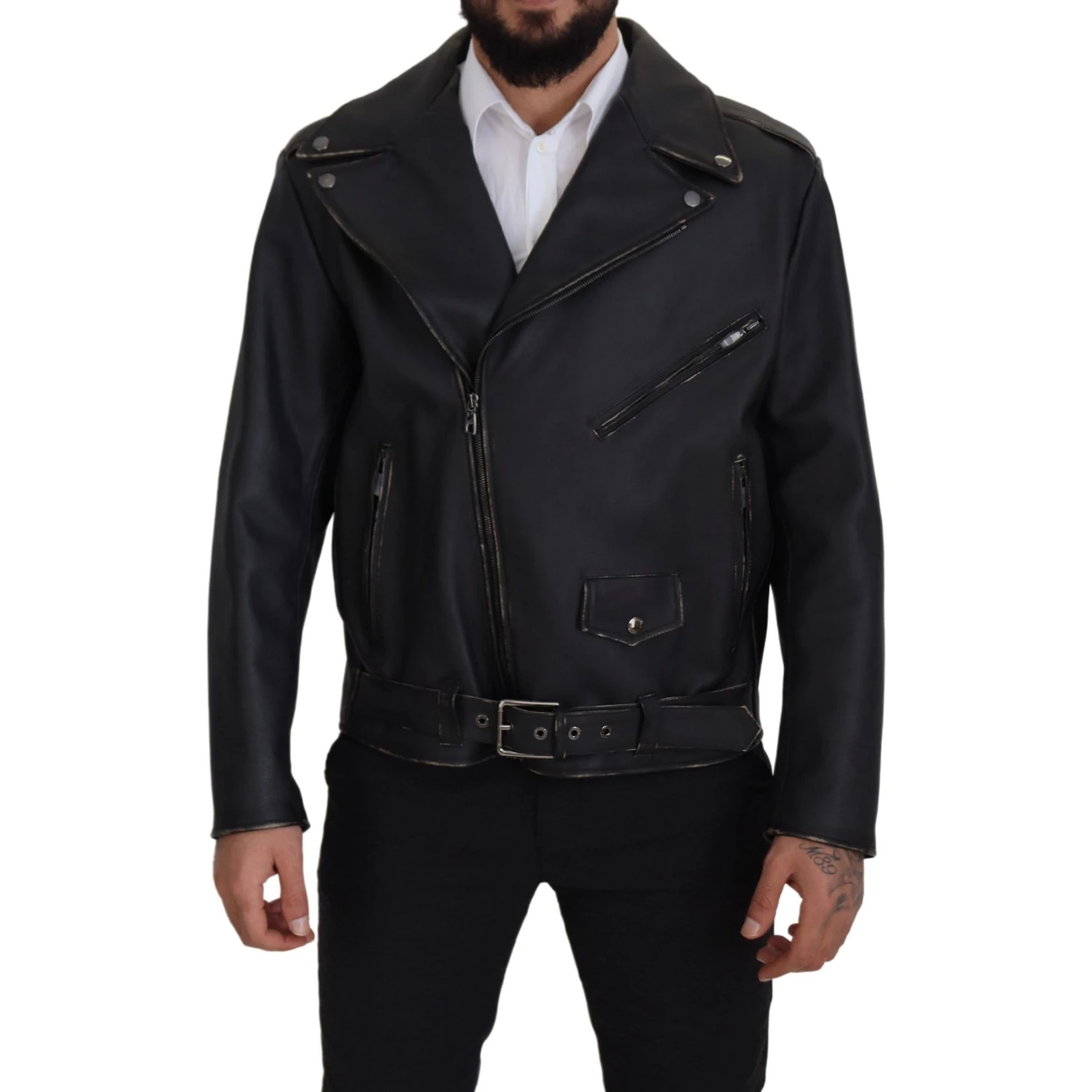 Black Leather Biker Coat Zipper Jacket