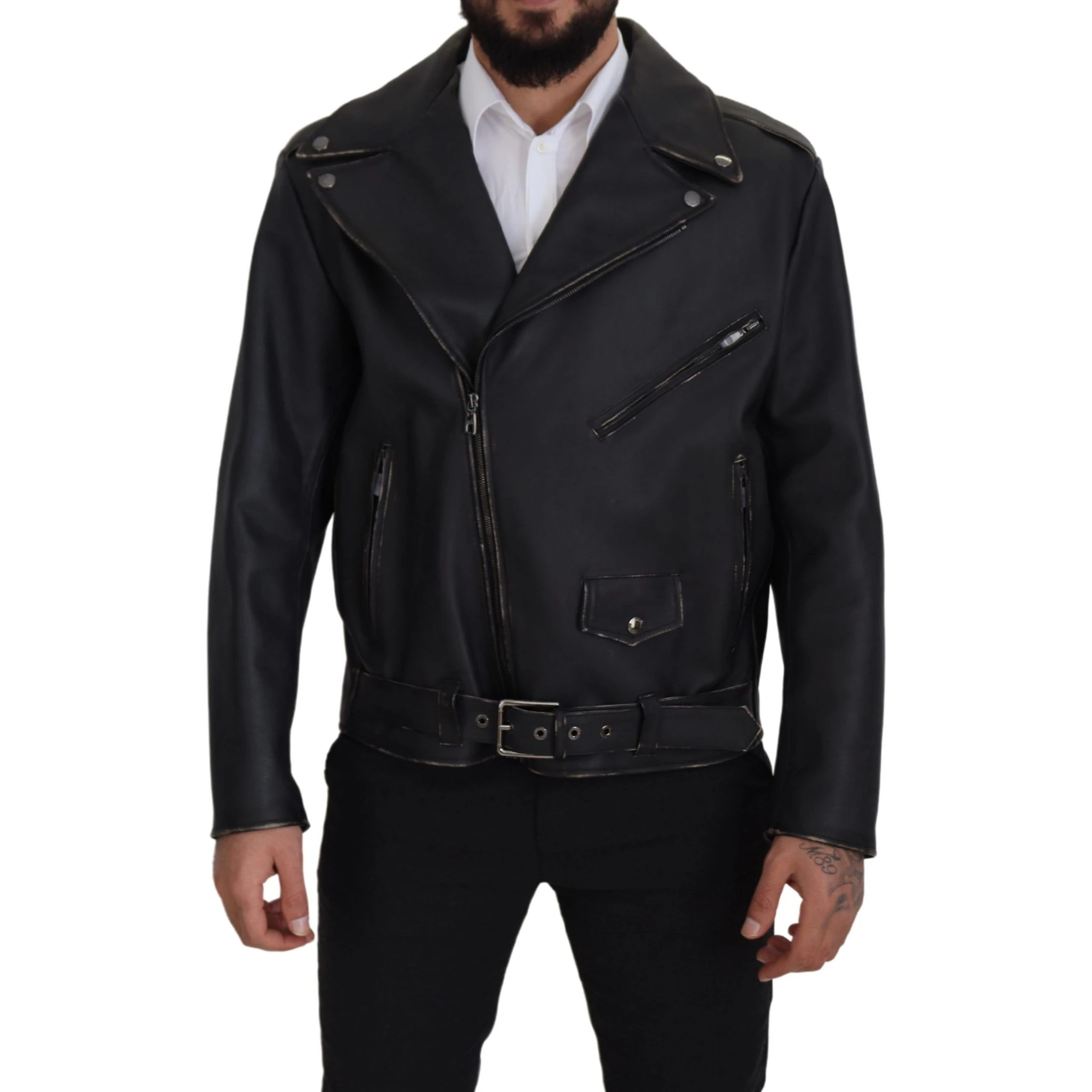 Black Leather Biker Coat Zipper Jacket