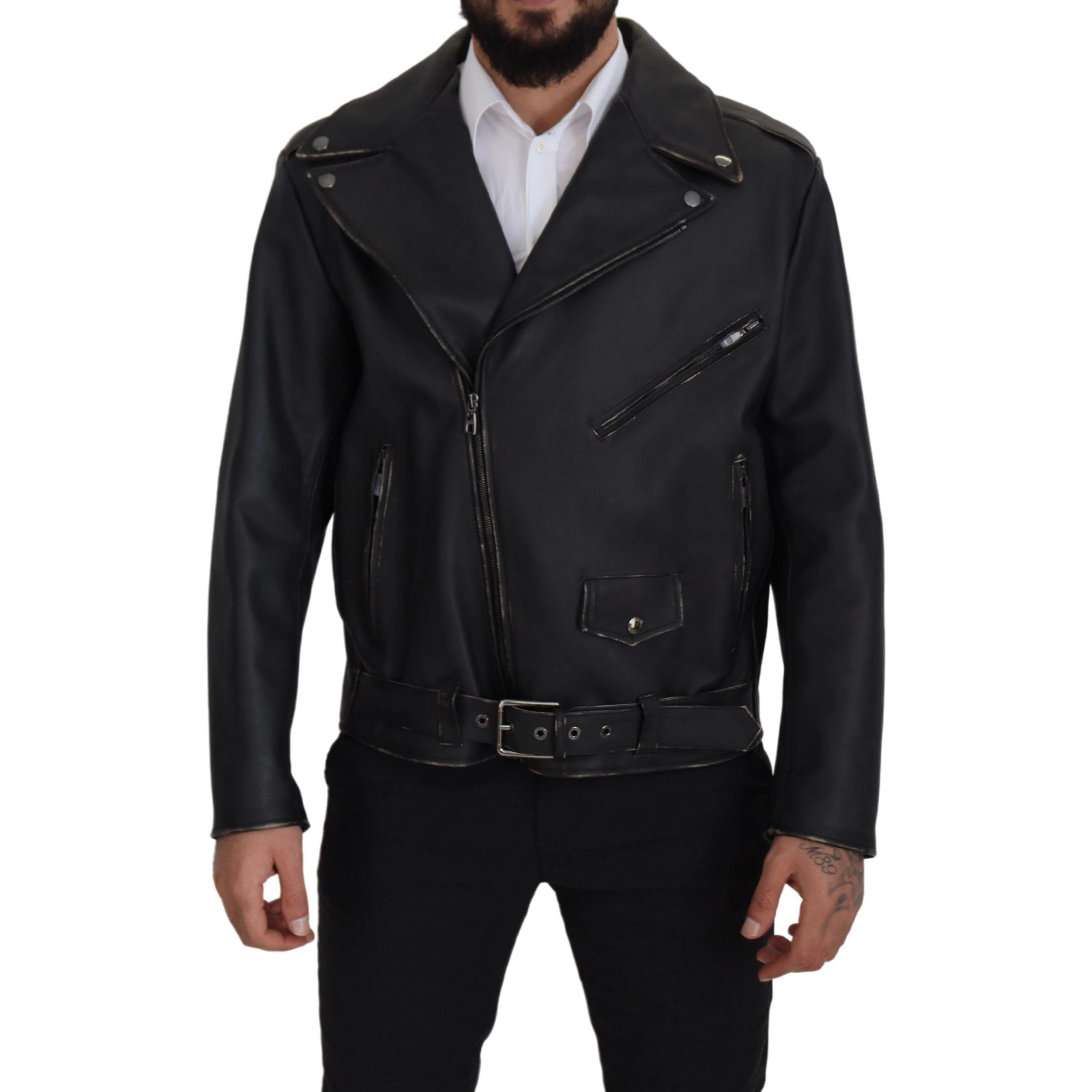 Black Leather Biker Coat Zipper Jacket