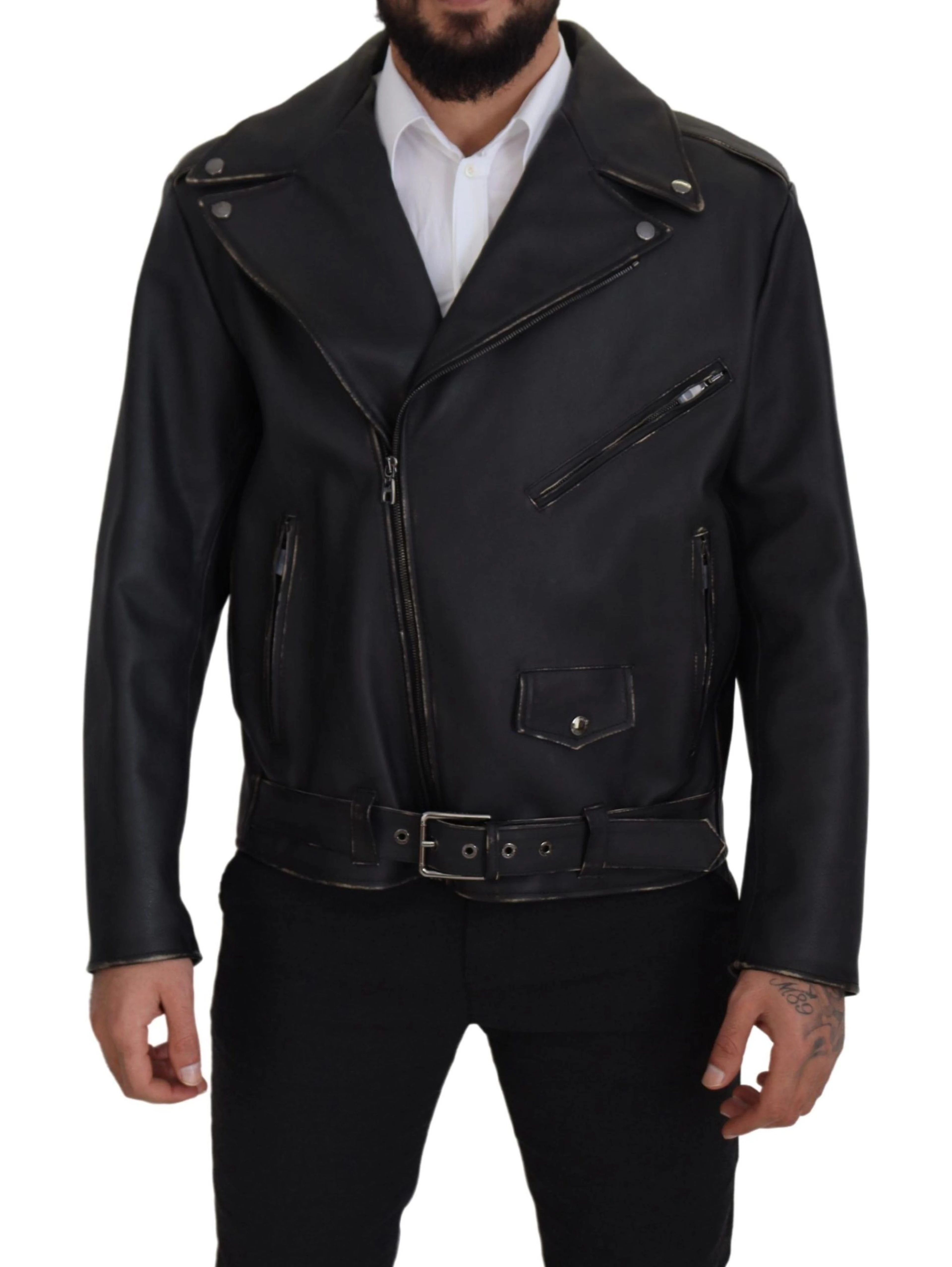 Black Leather Biker Coat Zipper Jacket