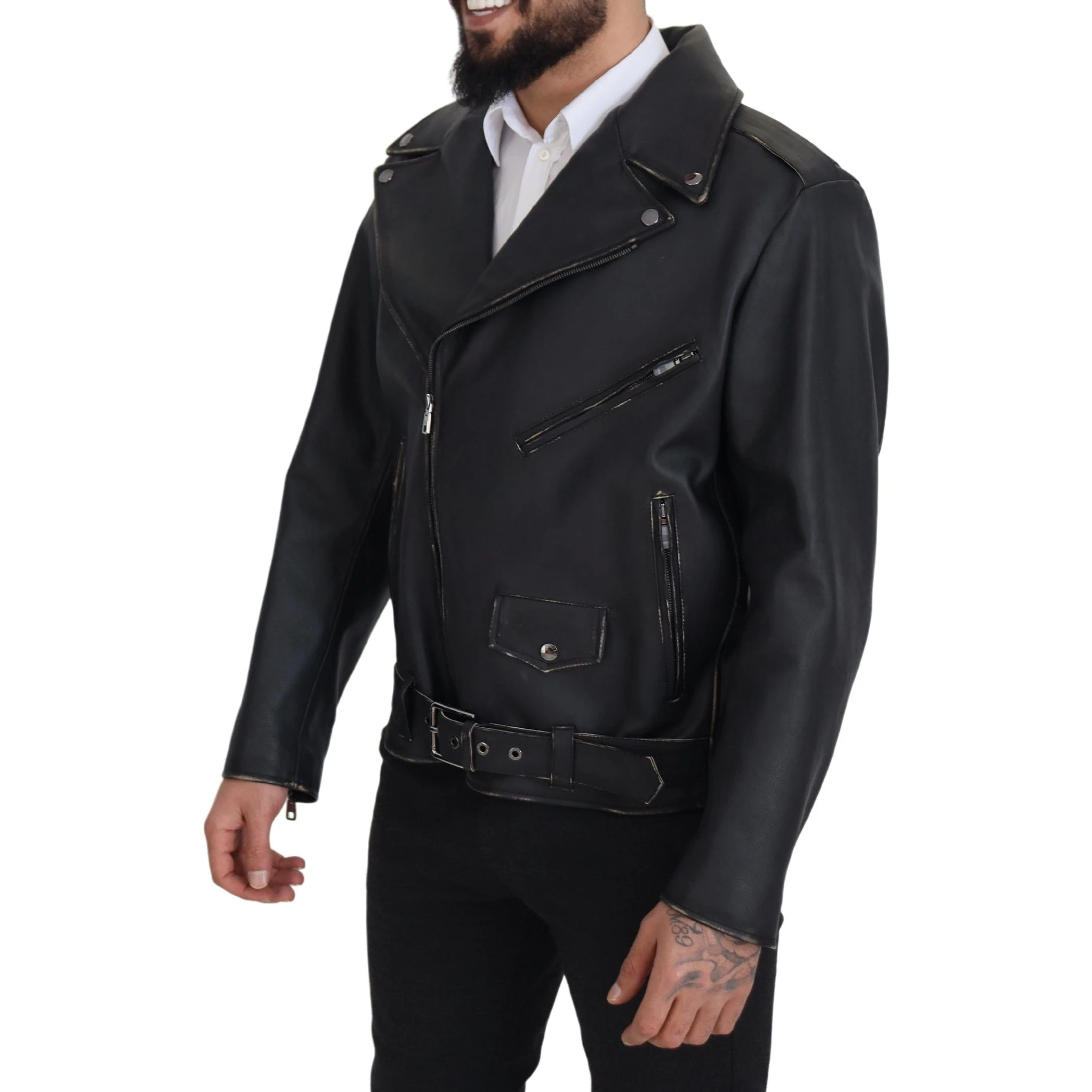 Black Leather Biker Coat Zipper Jacket