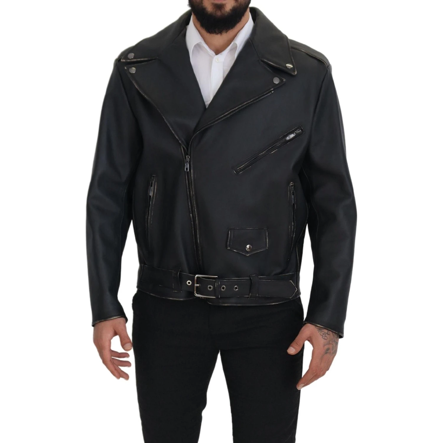 Black Leather Biker Coat Zipper Jacket