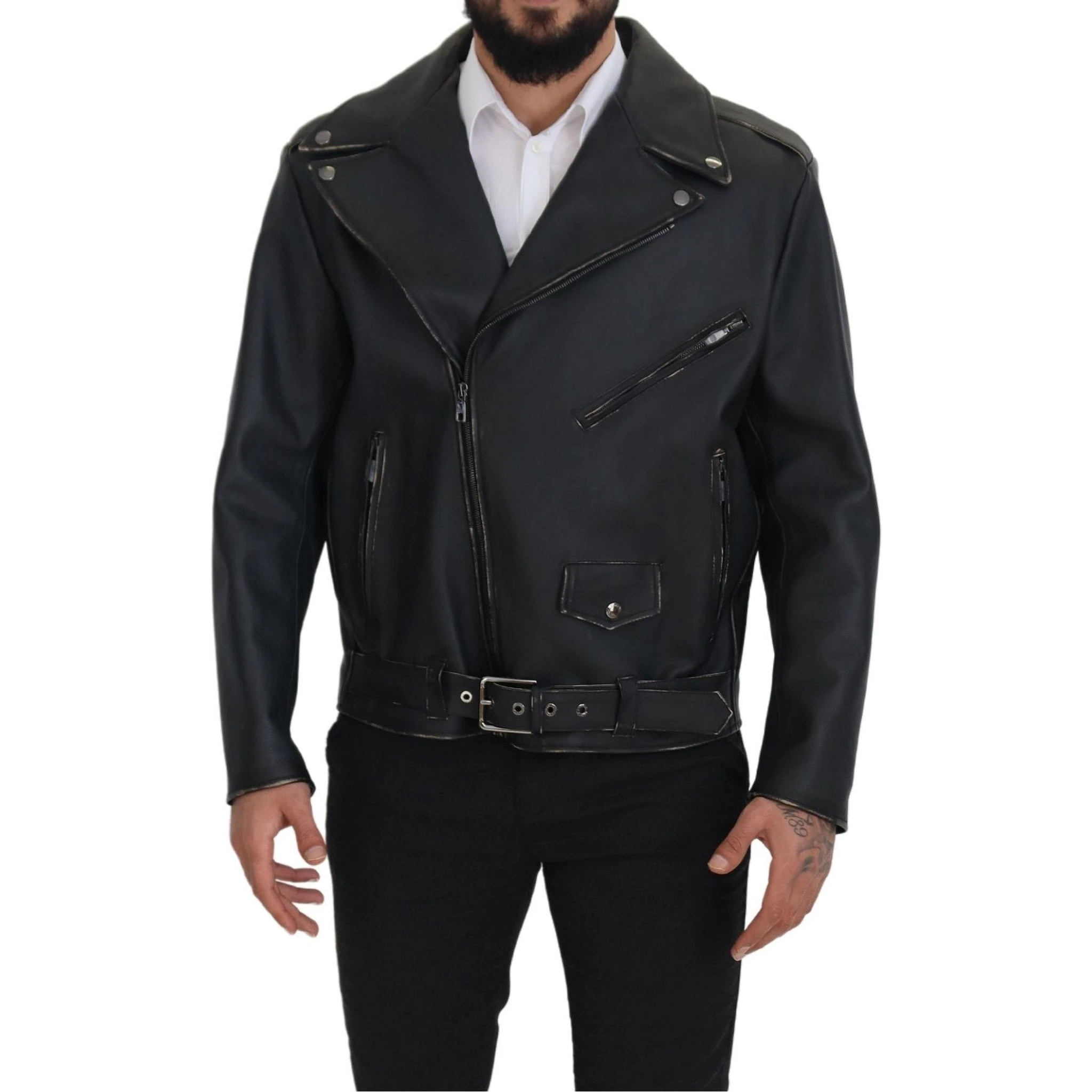 Black Leather Biker Coat Zipper Jacket