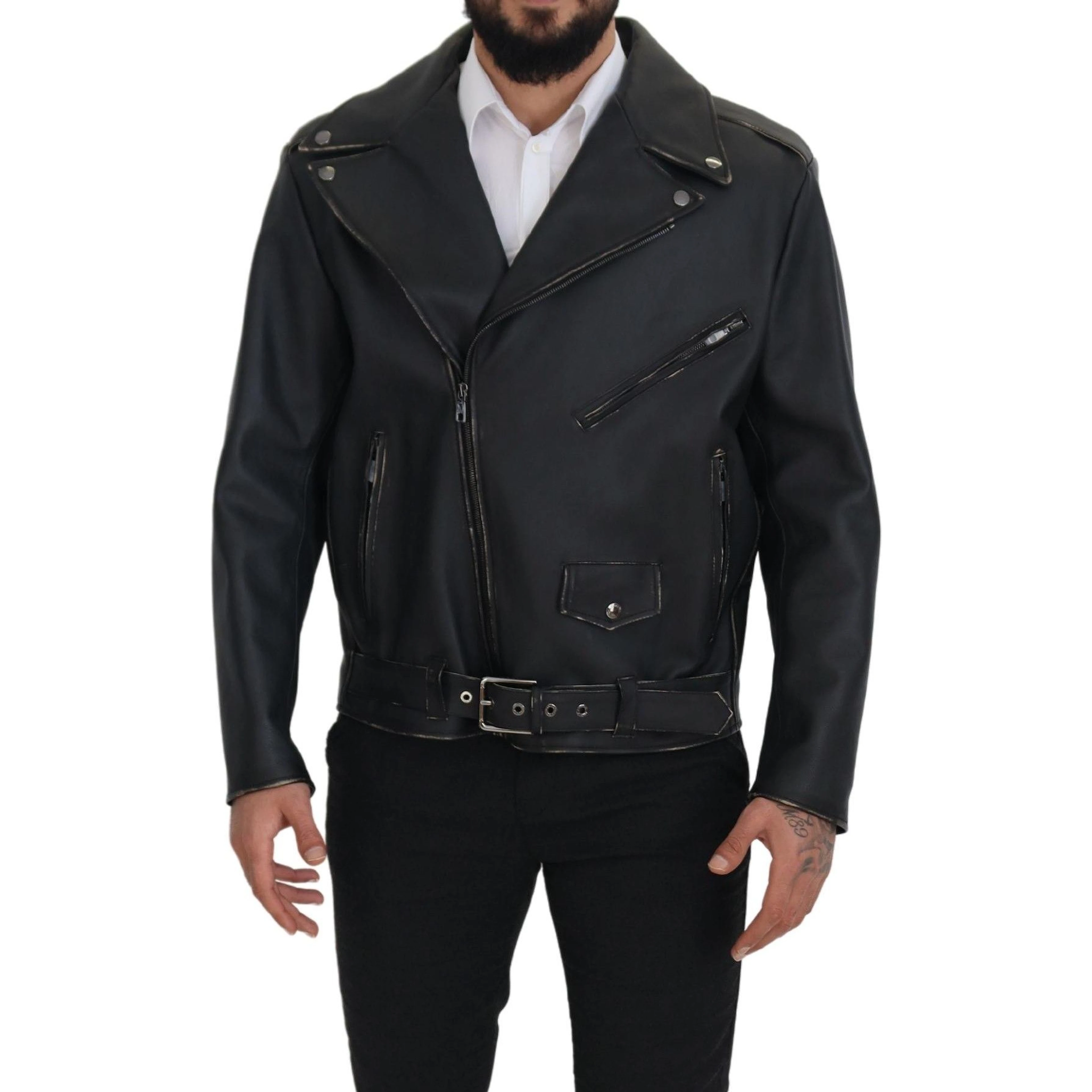 Black Leather Biker Coat Zipper Jacket