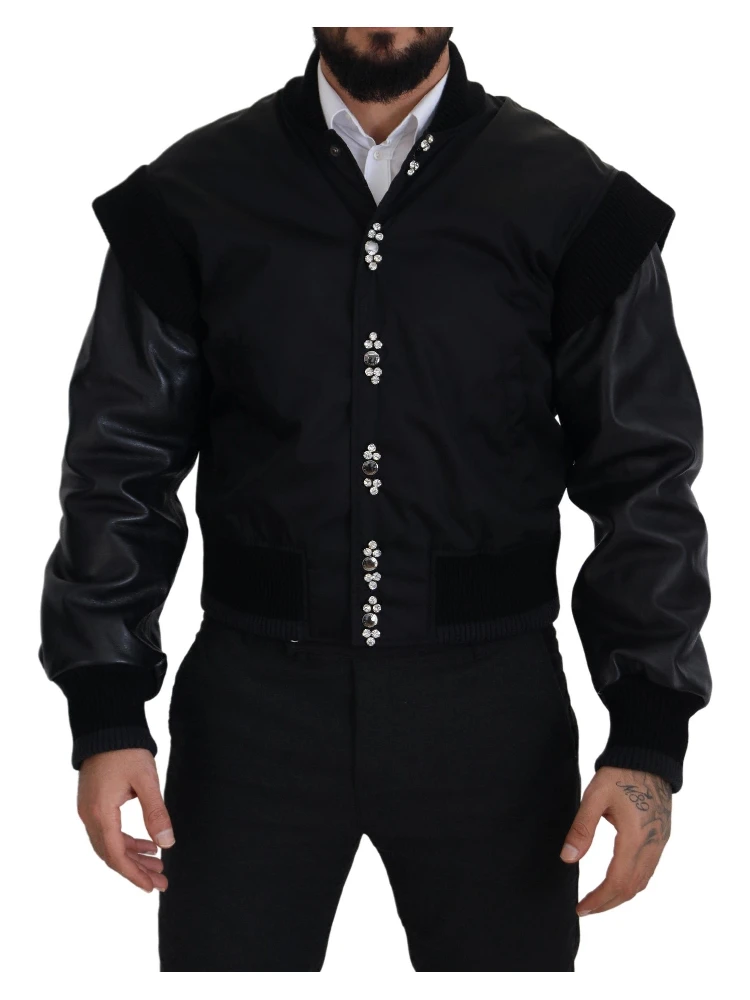 Black Nylon Crystals Coat Buttons Jacket