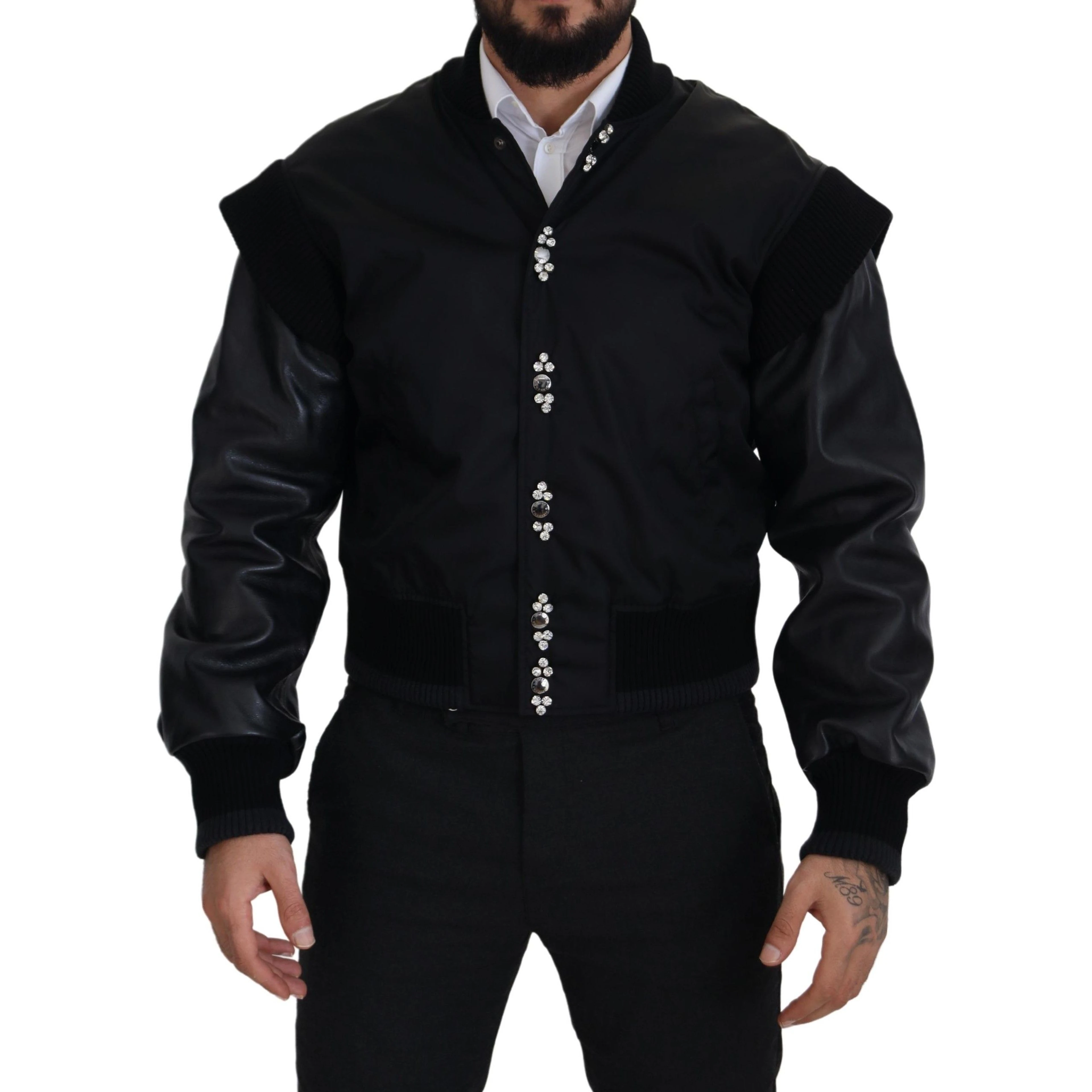 Black Nylon Crystals Coat Buttons Jacket