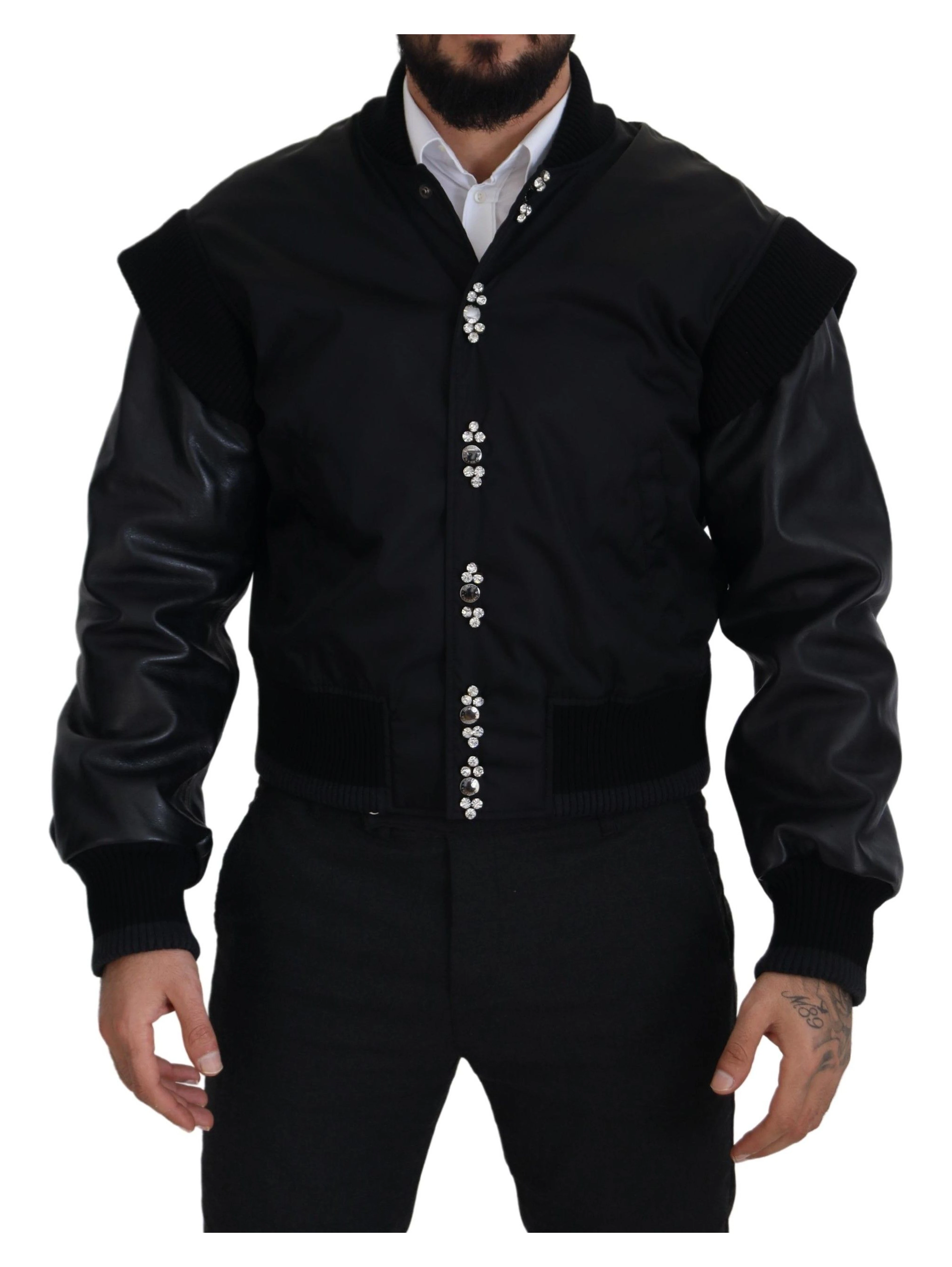Black Nylon Crystals Coat Buttons Jacket
