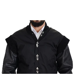 Black Nylon Crystals Coat Buttons Jacket