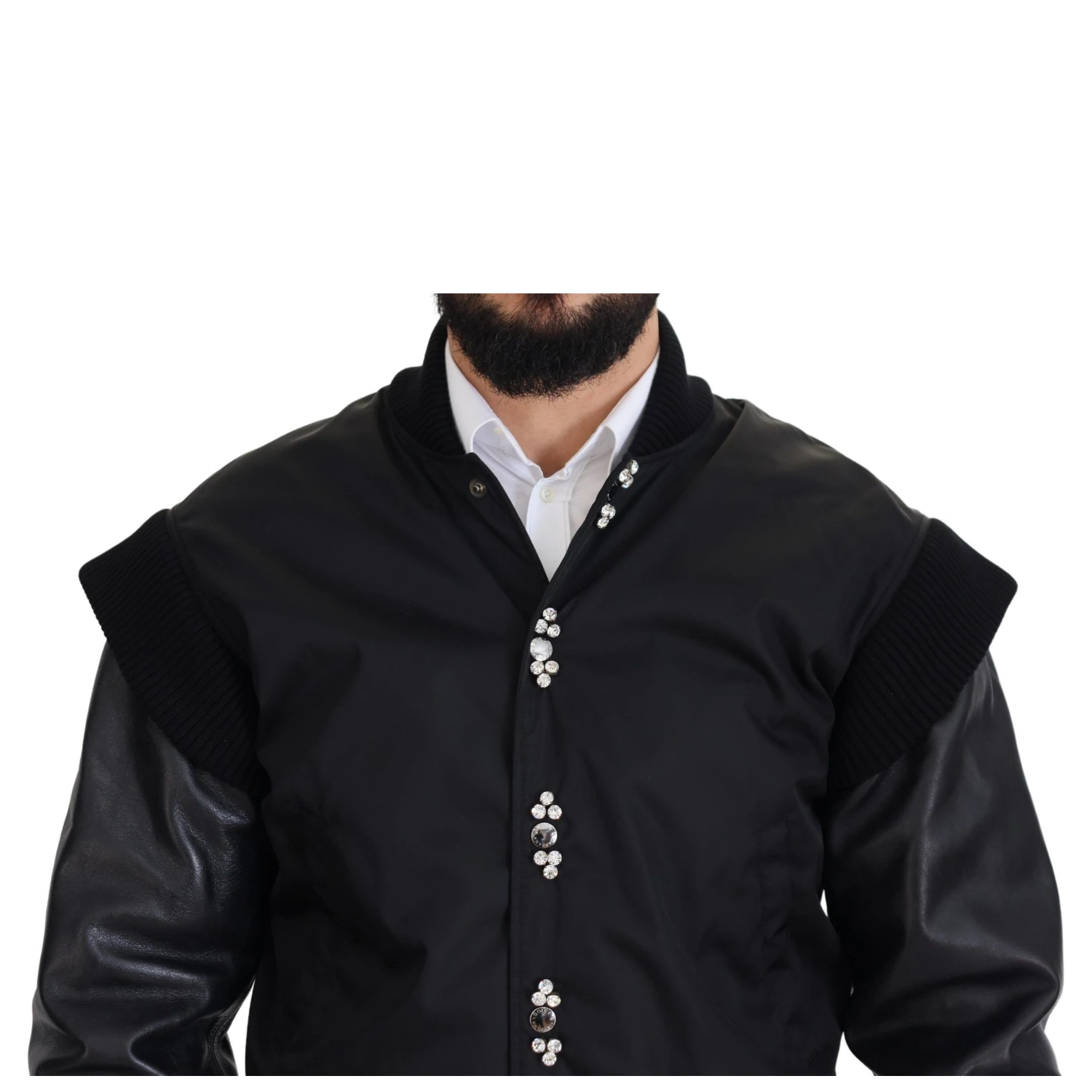 Black Nylon Crystals Coat Buttons Jacket