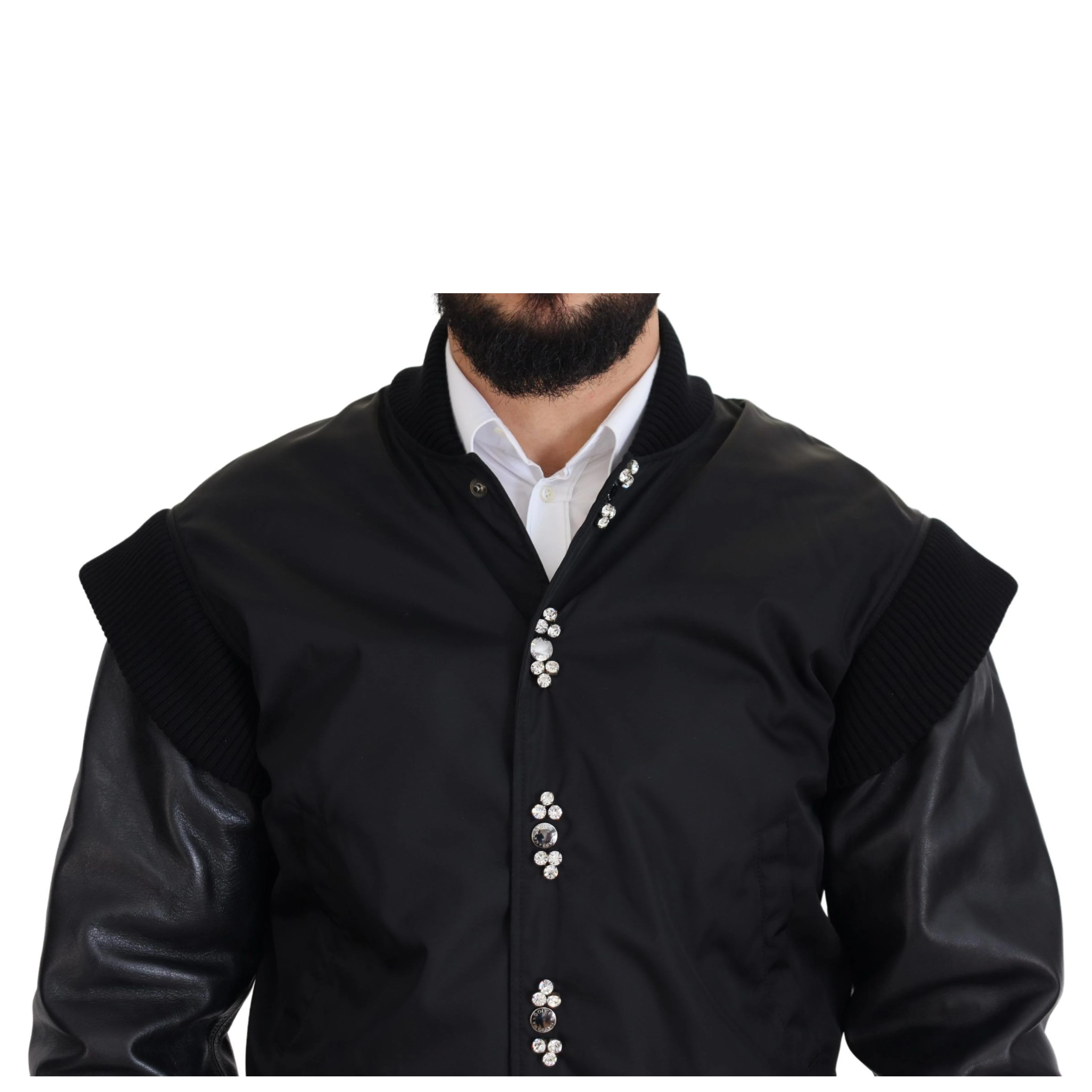 Black Nylon Crystals Coat Buttons Jacket