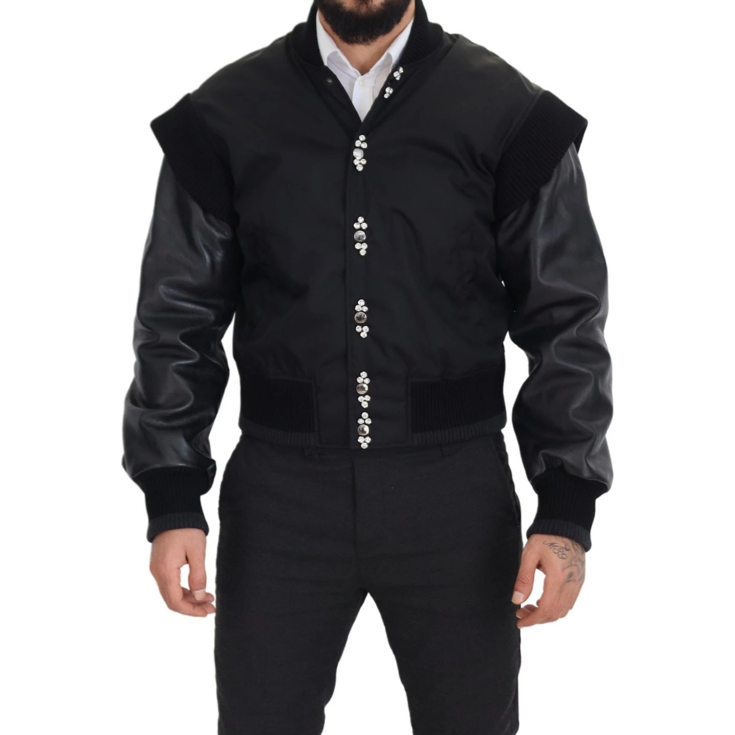 Black Nylon Crystals Coat Buttons Jacket