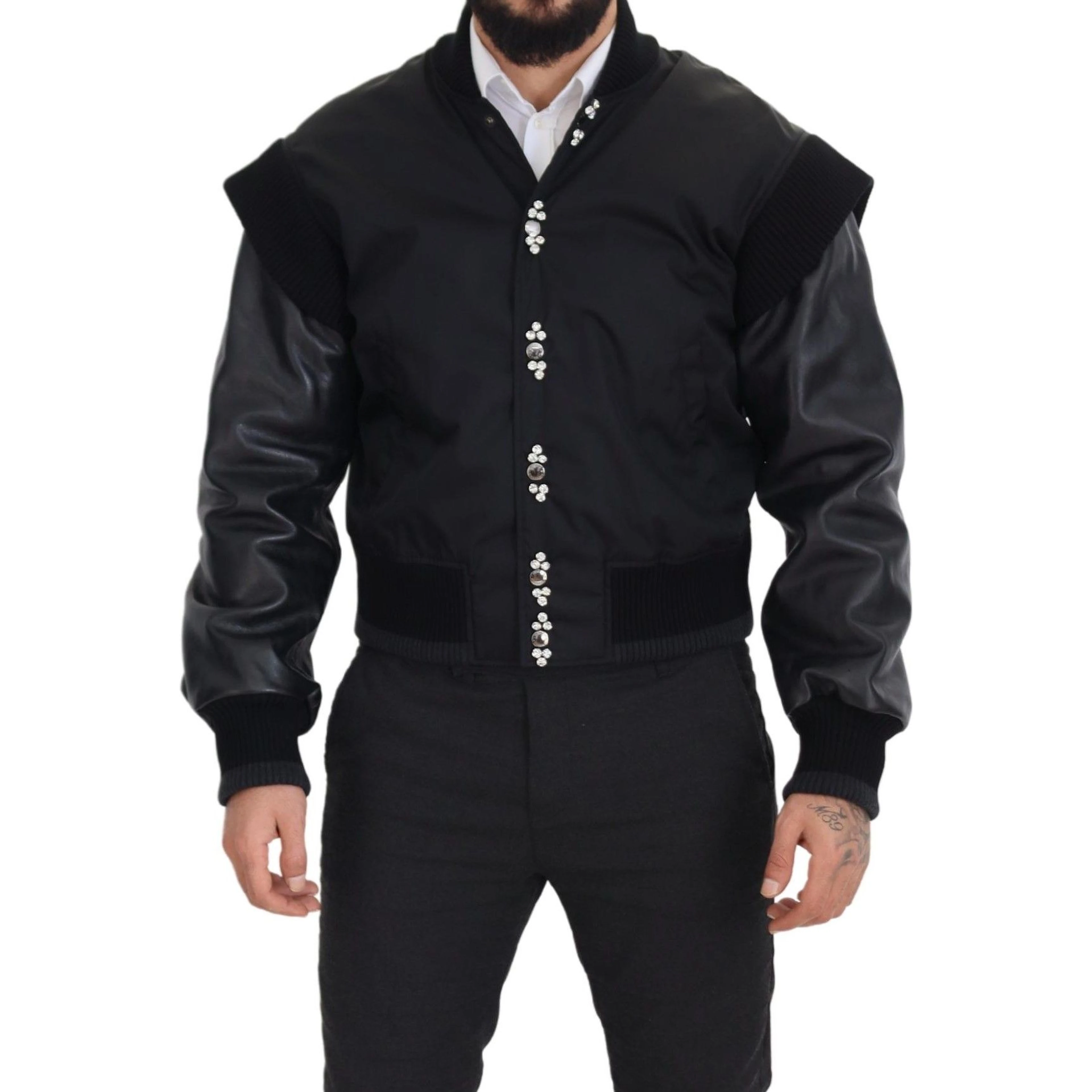Black Nylon Crystals Coat Buttons Jacket