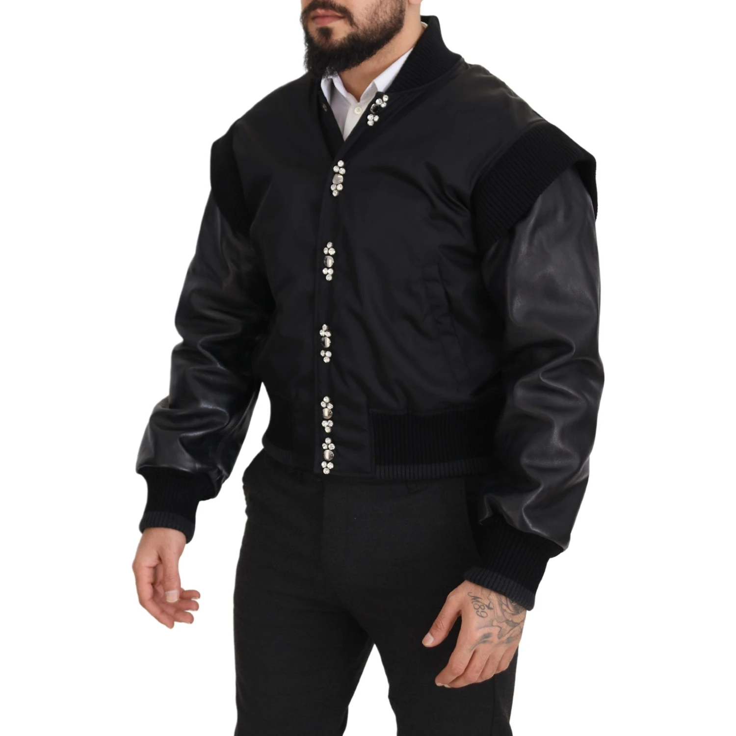 Black Nylon Crystals Coat Buttons Jacket