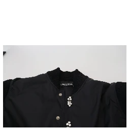 Black Nylon Crystals Coat Buttons Jacket