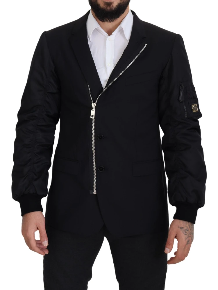 Black Wool Full Zip Long Sleeves Jacket