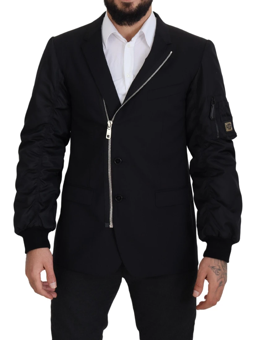 Black Wool Full Zip Long Sleeves Jacket