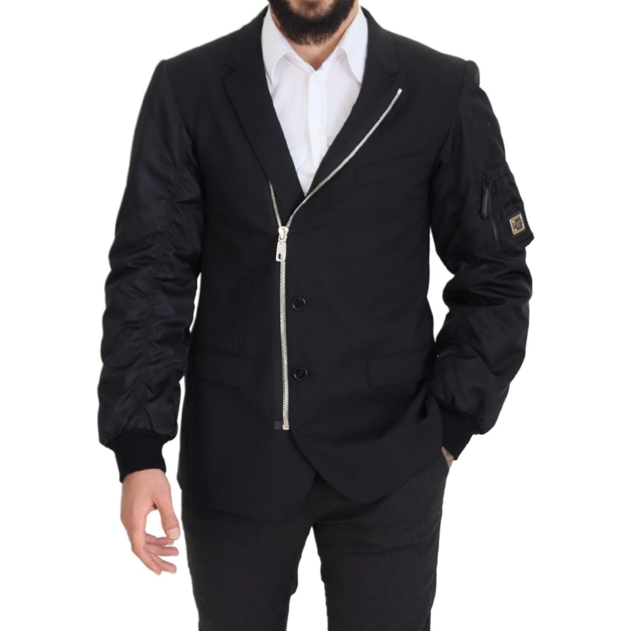 Black Wool Full Zip Long Sleeves Jacket