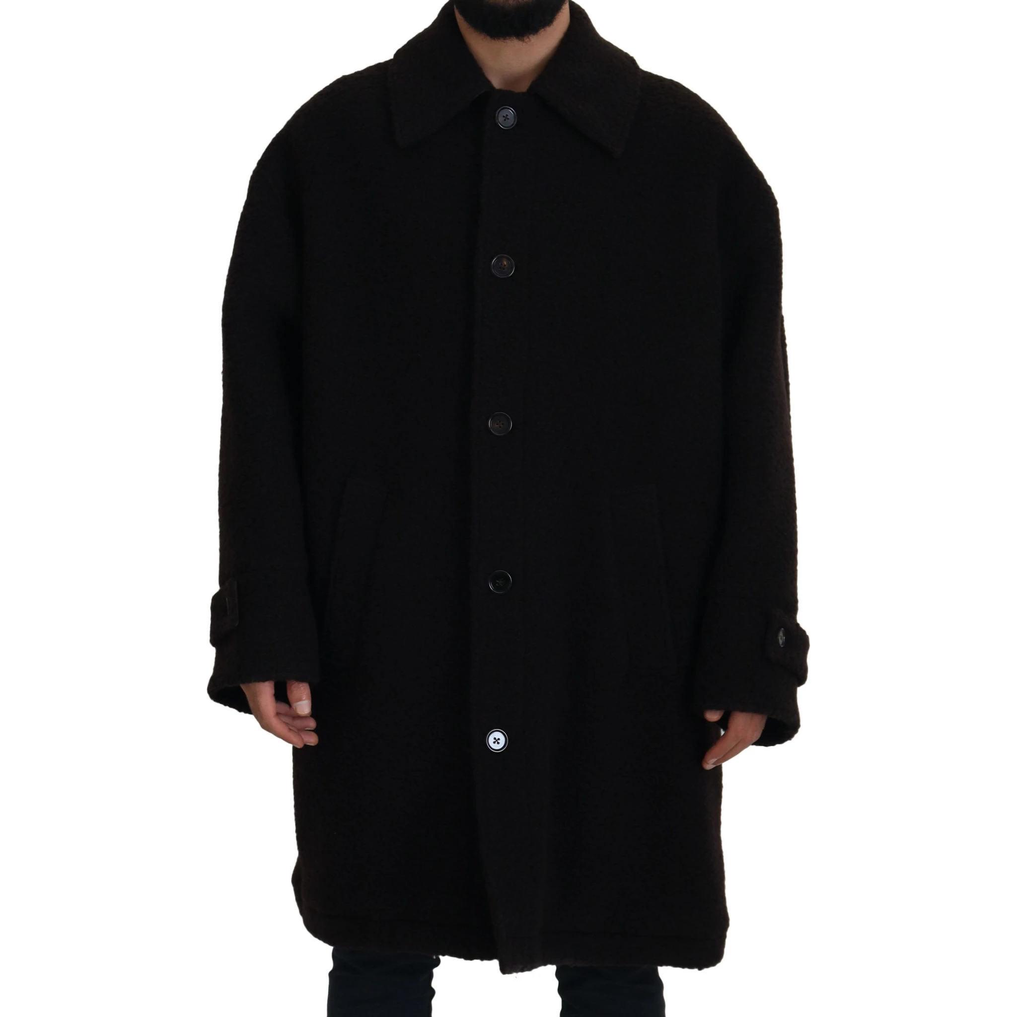 Black Alpaca Button Down Trench Coat Jacket