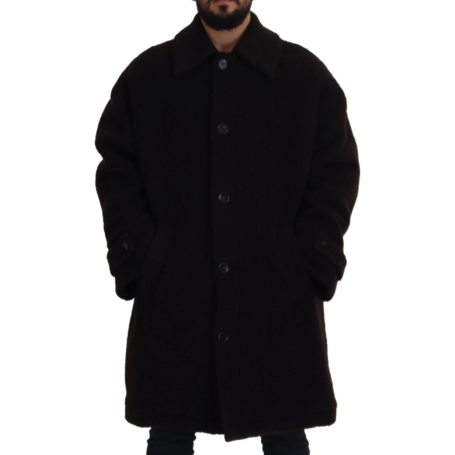 Black Alpaca Button Down Trench Coat Jacket