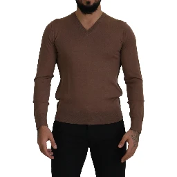 Brown Wool Men V-neck Pullover Sweater