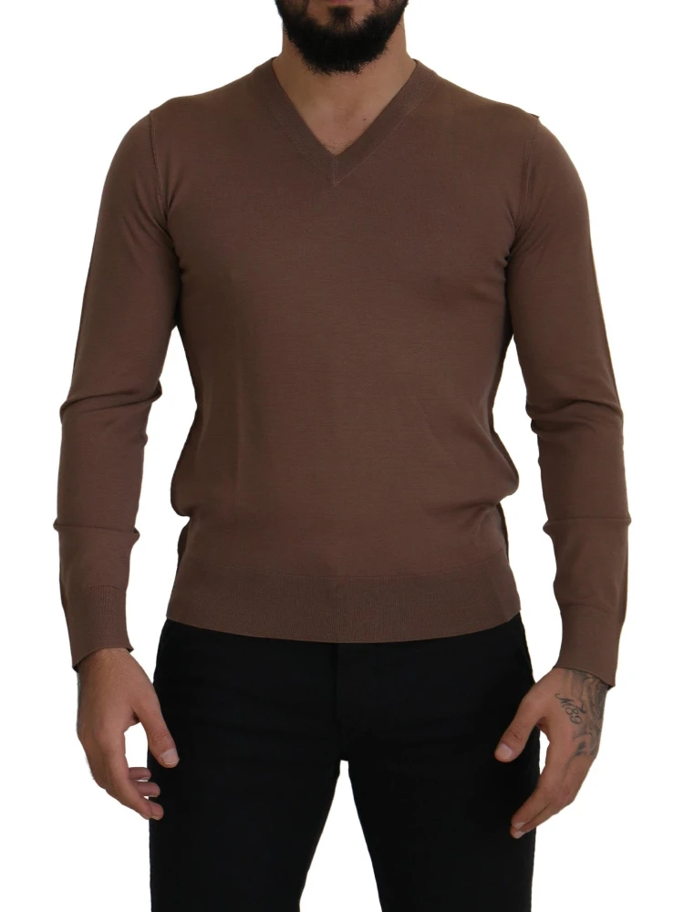 Brown Wool Men V-neck Pullover Sweater