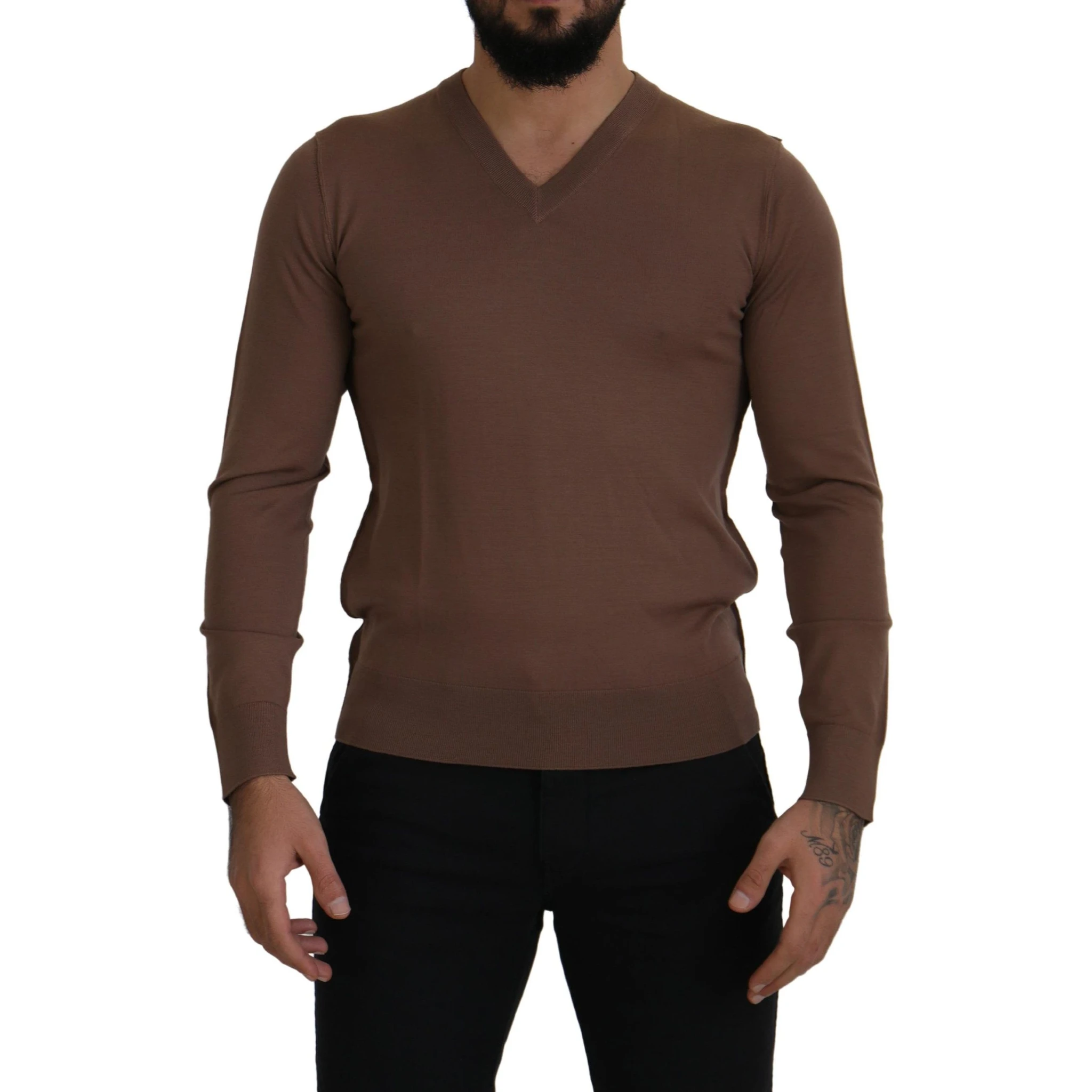 Brown Wool Men V-neck Pullover Sweater