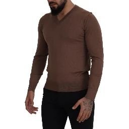 Brown Wool Men V-neck Pullover Sweater