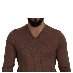 Brown Wool Men V-neck Pullover Sweater
