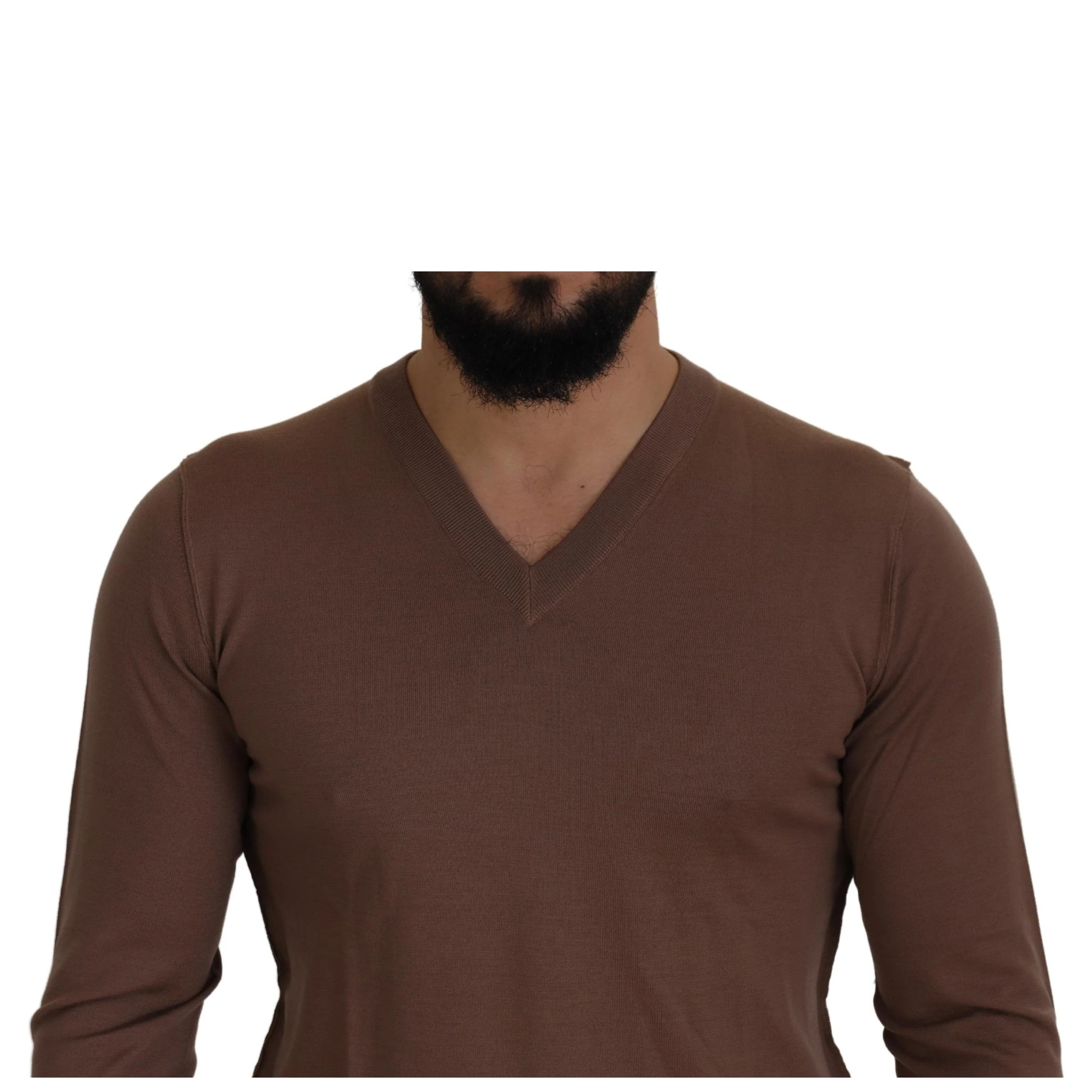 Brown Wool Men V-neck Pullover Sweater