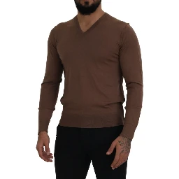 Brown Wool Men V-neck Pullover Sweater