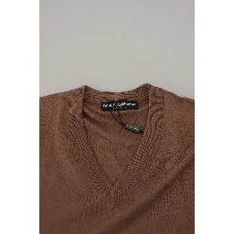 Brown Wool Men V-neck Pullover Sweater