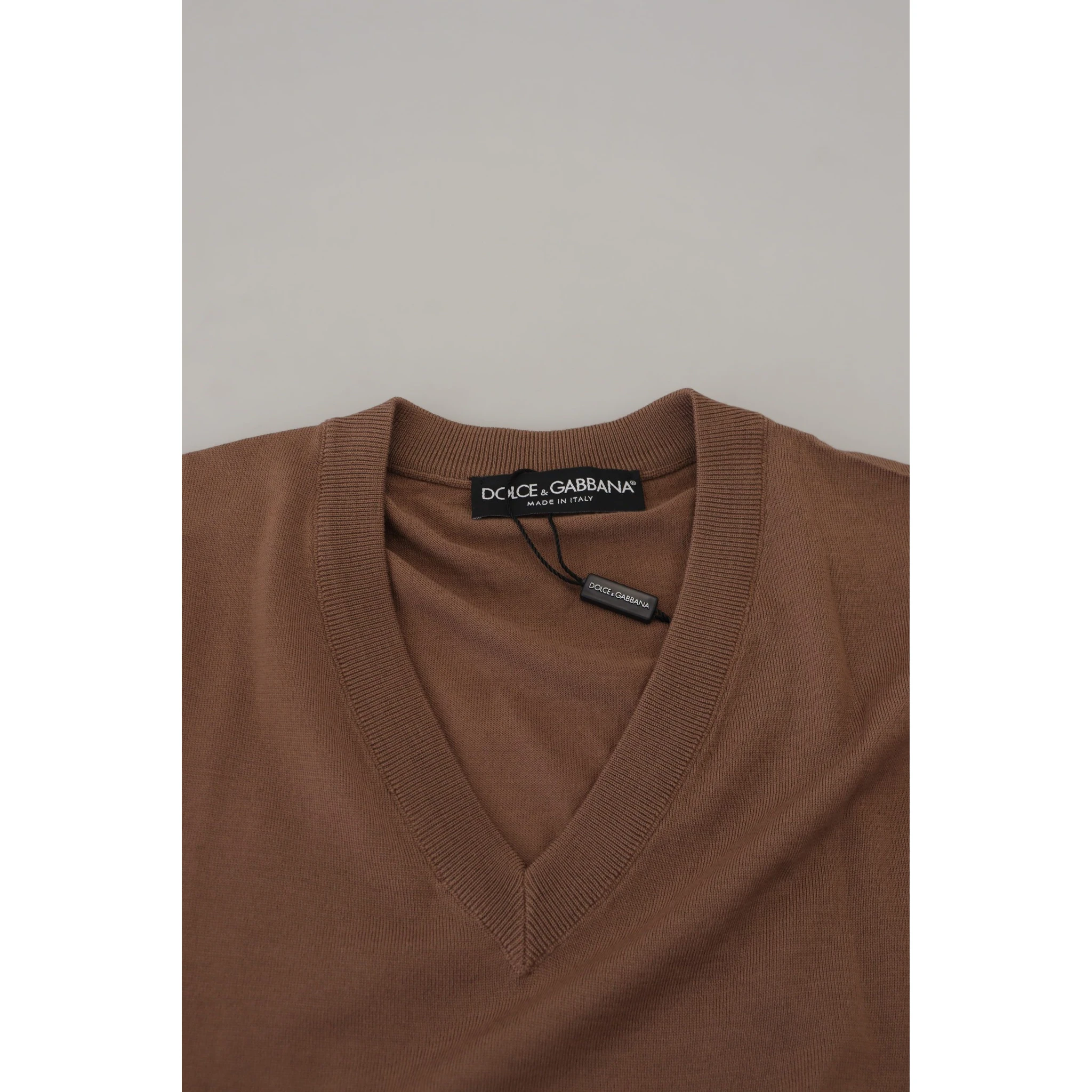 Brown Wool Men V-neck Pullover Sweater