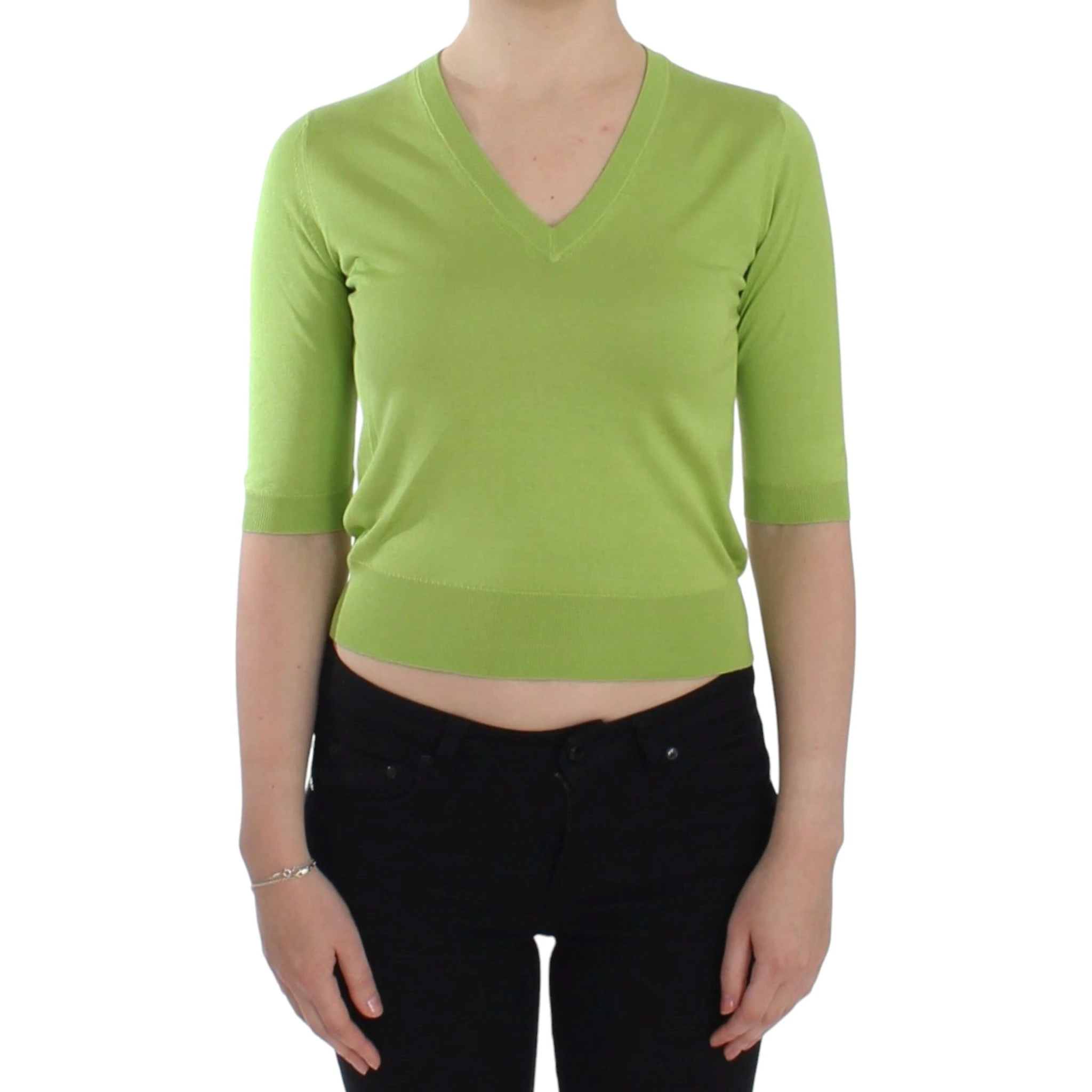 Green Wool V-neck Pullover Sweater Top