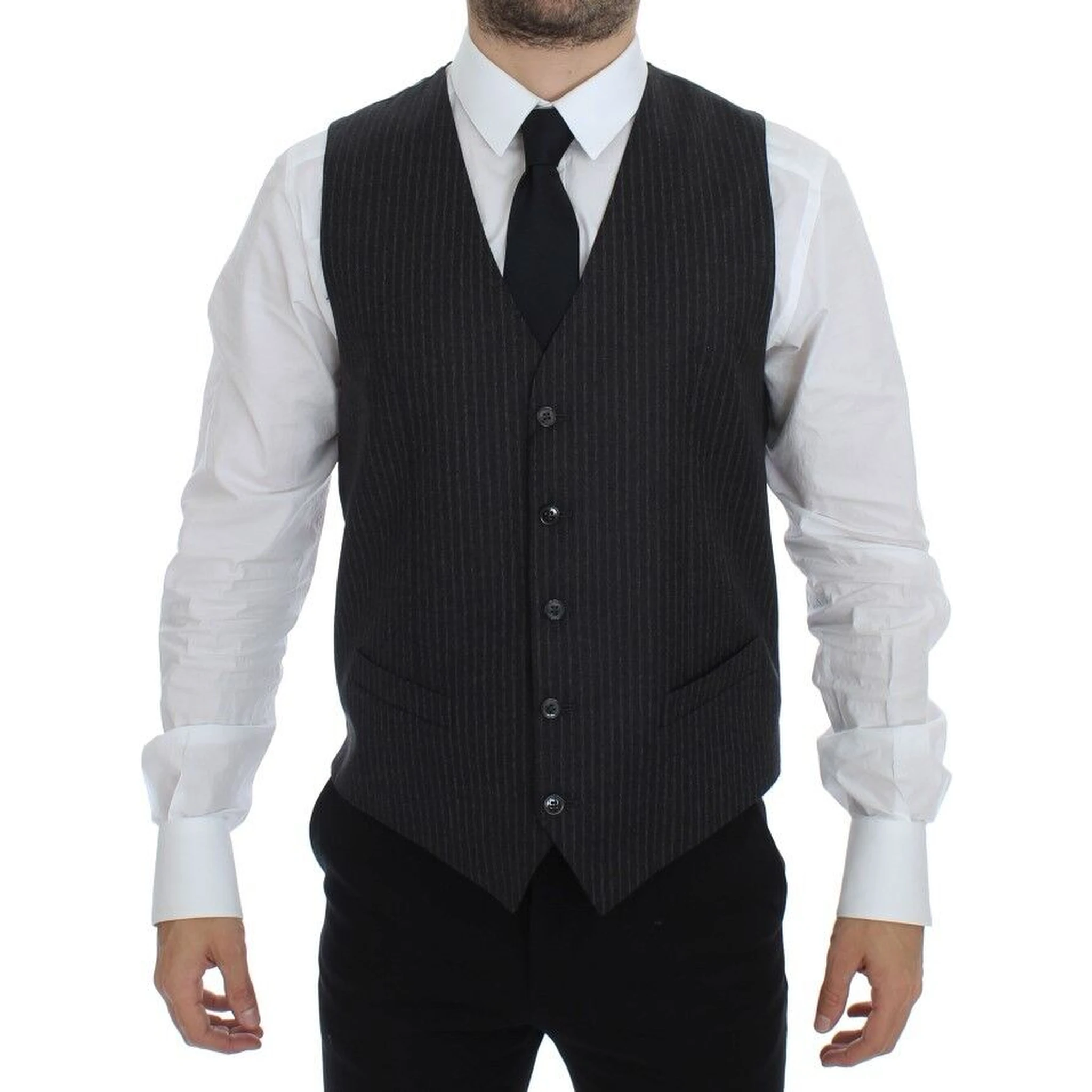 Gray Striped Wool Single Breasted Vest