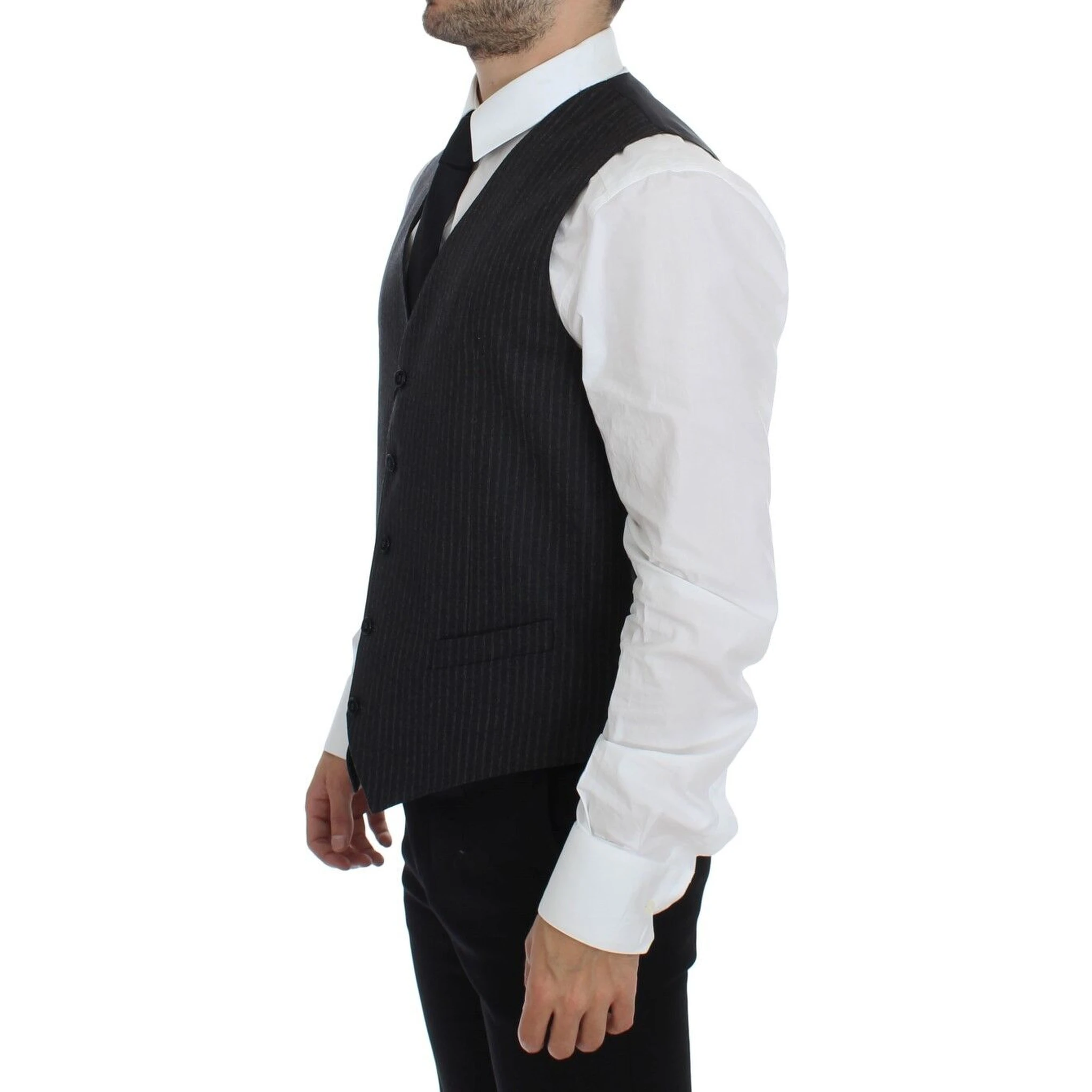Gray Striped Wool Single Breasted Vest
