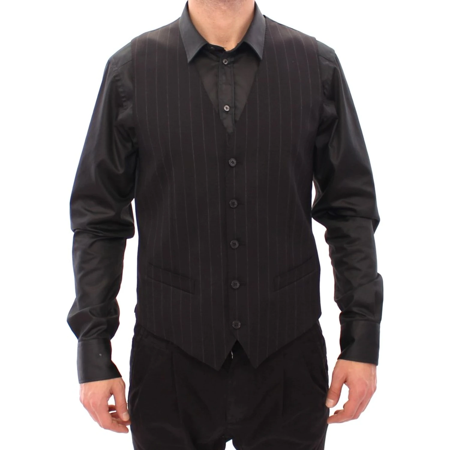 Black Striped Wool Logo Vest