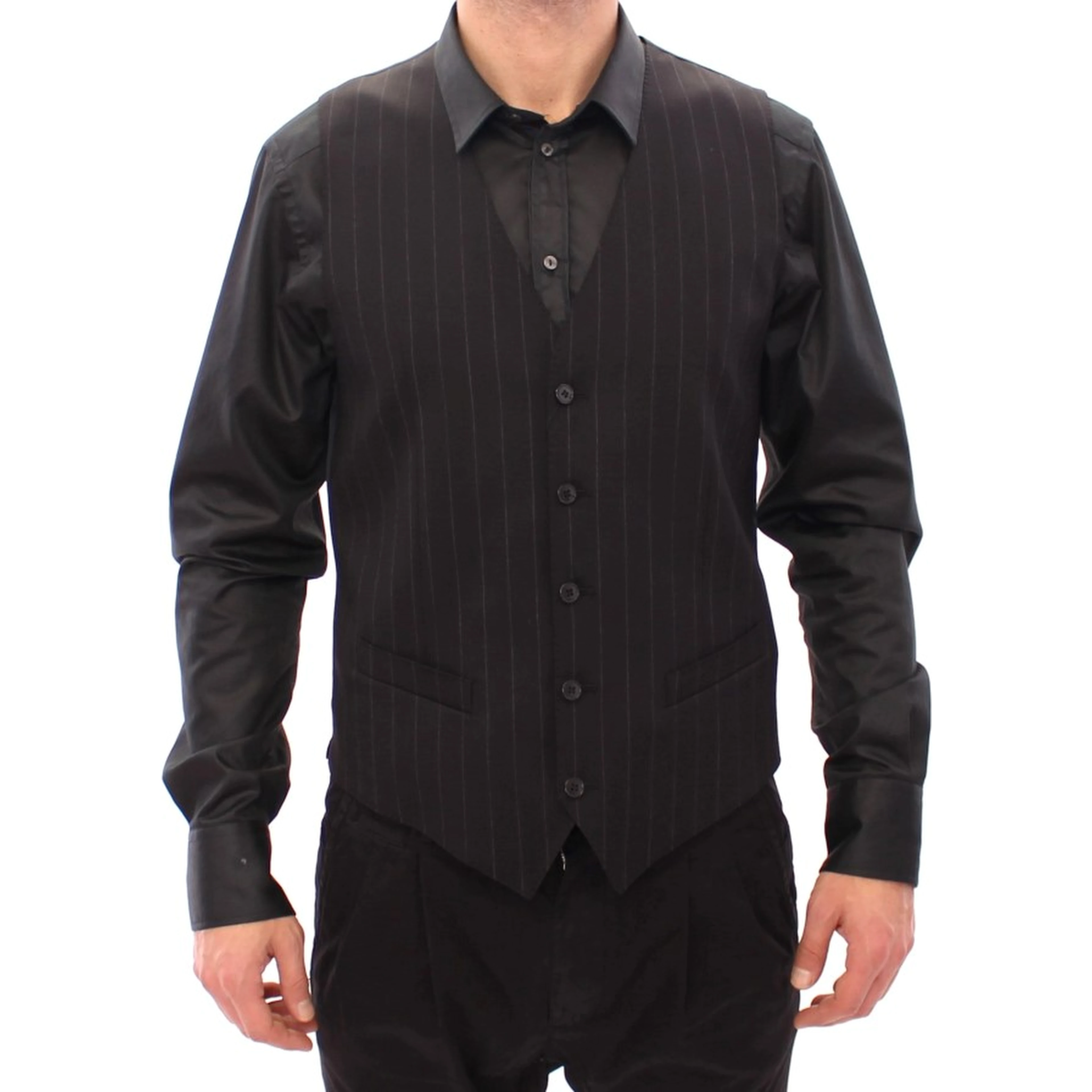 Black Striped Wool Logo Vest