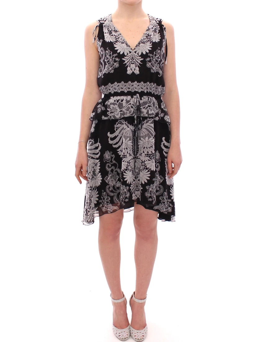 Black Silk Floral Pattern Shift Coctail Dress