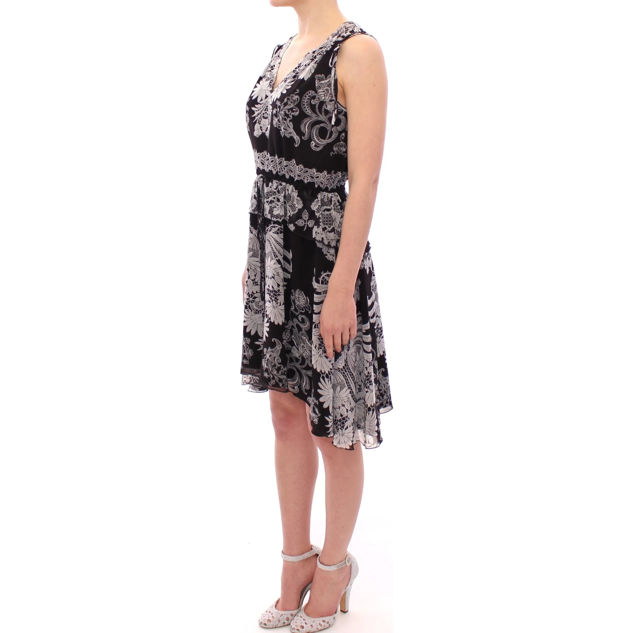 Black Silk Floral Pattern Shift Coctail Dress