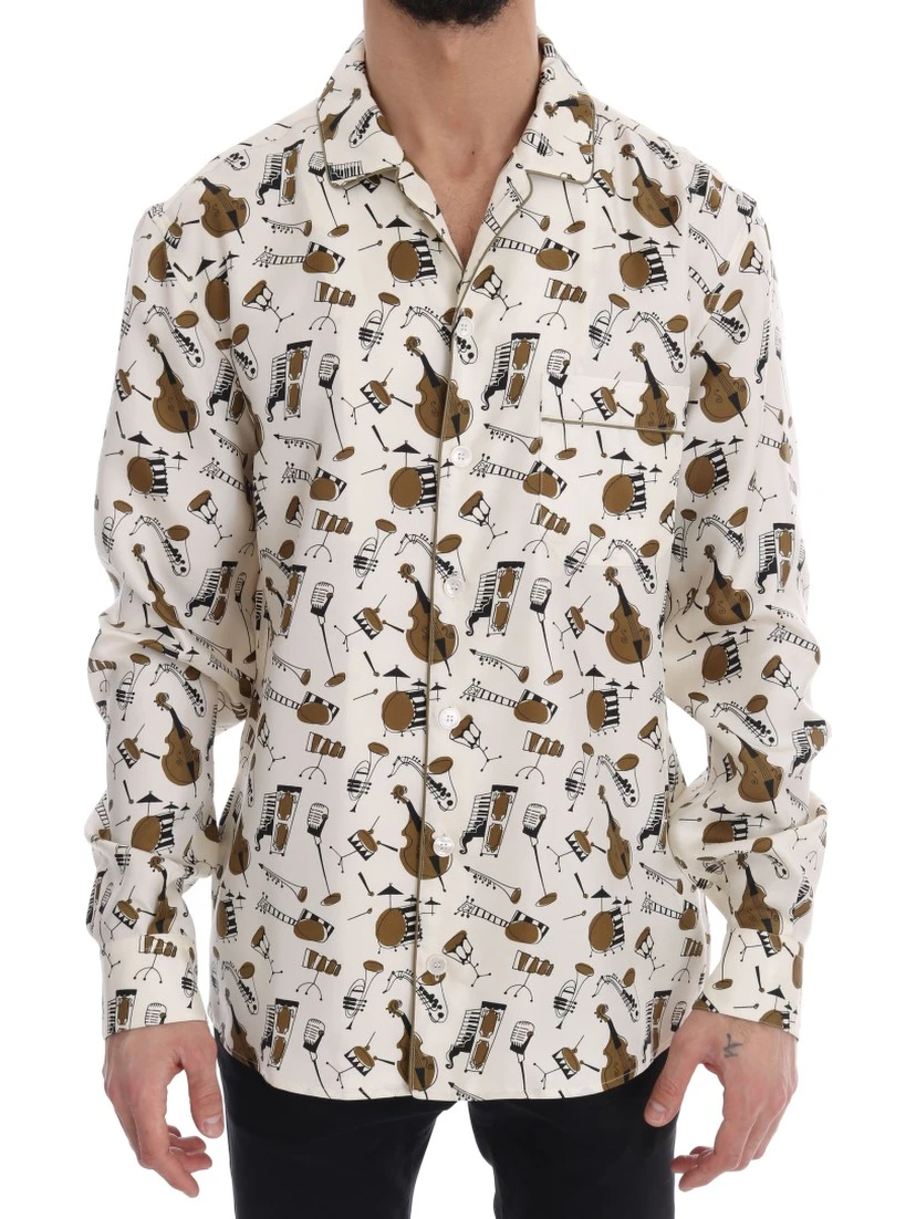 White Silk JAZZ Motive Print Shirt
