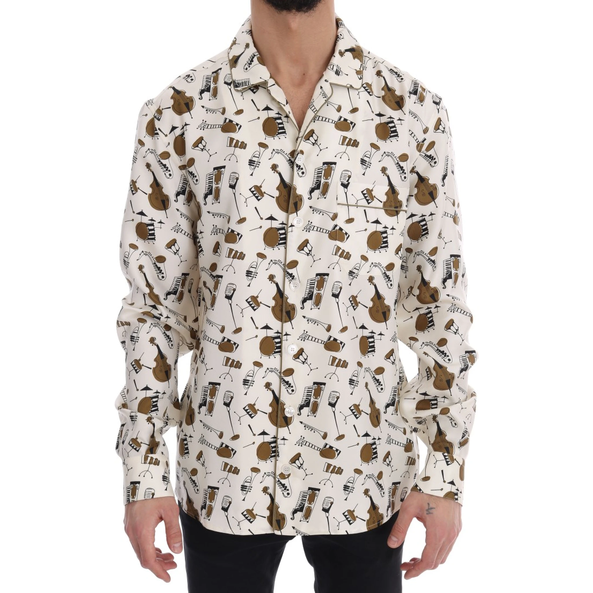 White Silk JAZZ Motive Print Shirt