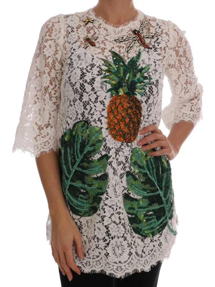 White Crystal Embellished Lace Blouse